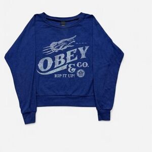 Obey blue cropped sweatshirt with white graphic size xs